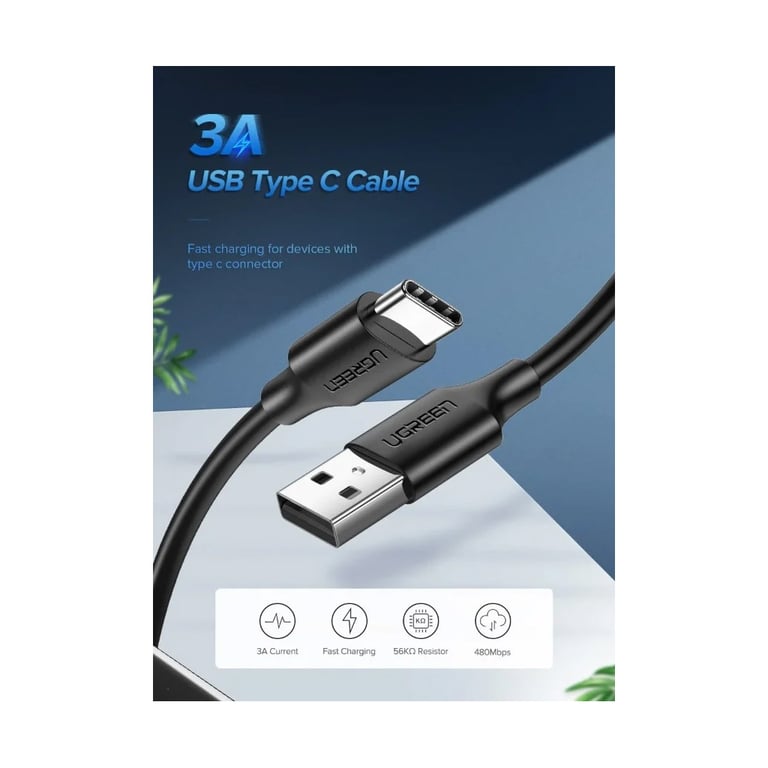 Дата кабель USB 2.0 AM to USB-C 0.5m 3.0A (18W) Nickel Plating US287 Black Ugreen (60115) - фото 5