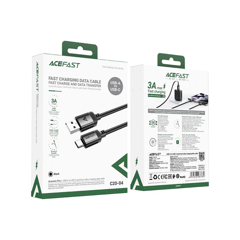 Дата кабель USB 2.0 AM to USB-C 1.2m 3.0A 18W aluminum alloy Black Acefast (6974316283782) - фото 5