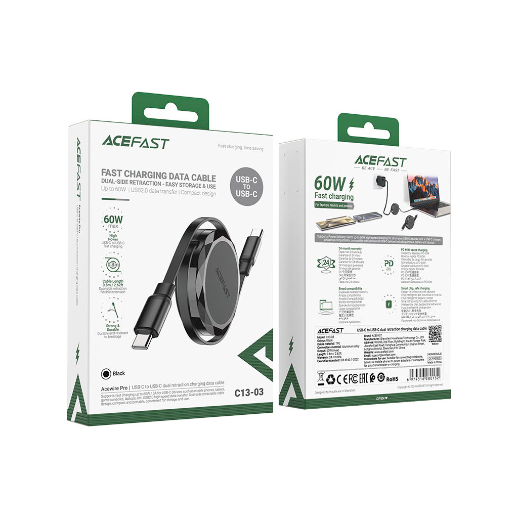 Дата кабель USB-C to USB-C 0.8m 60W dual retraction C13-03 Black Acefast (6974316280132) - фото 6 Дата кабель USB-C to USB-C 0.8m 60W dual retraction C13-03 Black Acefast (6974316280132) - фото 6