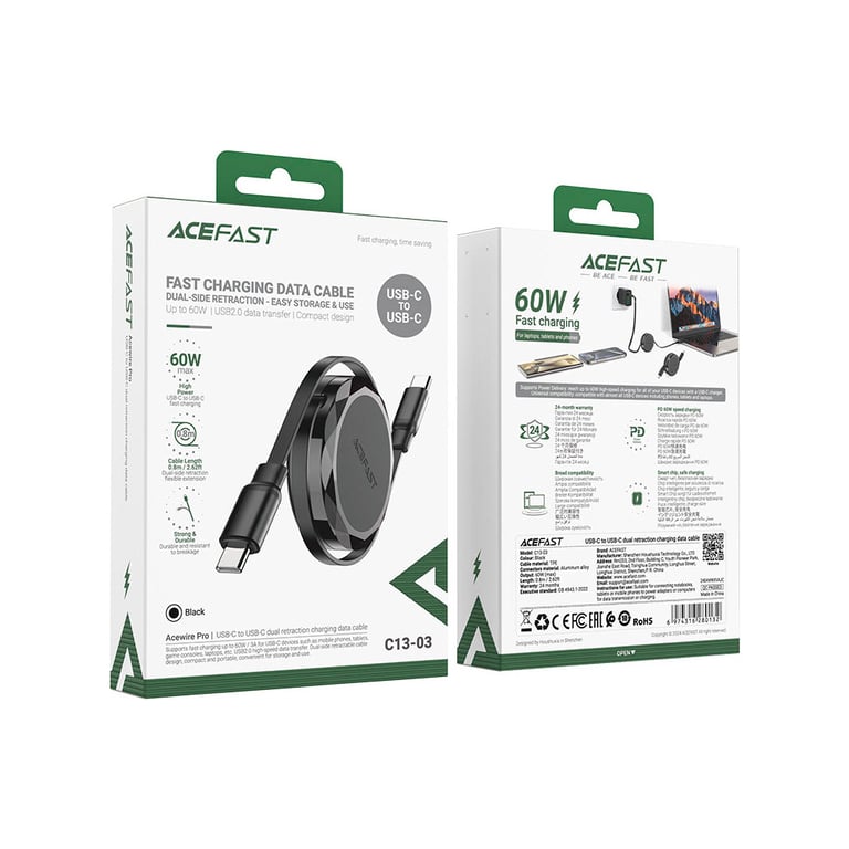 Дата кабель USB-C to USB-C 0.8m 60W dual retraction C13-03 Black Acefast (6974316280132) - фото 6