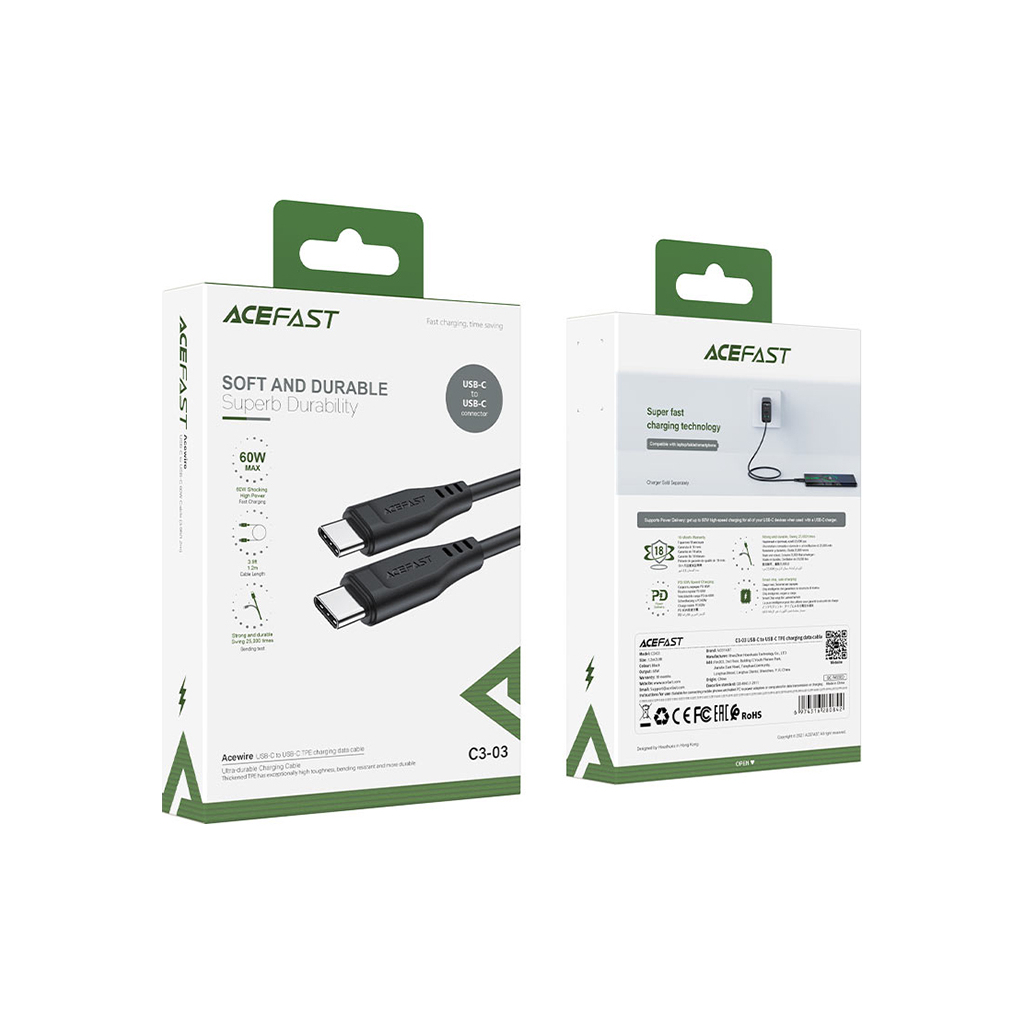 Дата кабель USB-C to USB-C 1.2m 3A TPE C3-03 Black Acefast (6974316280842) - фото 3 Дата кабель USB-C to USB-C 1.2m 3A TPE C3-03 Black Acefast (6974316280842) - фото 3