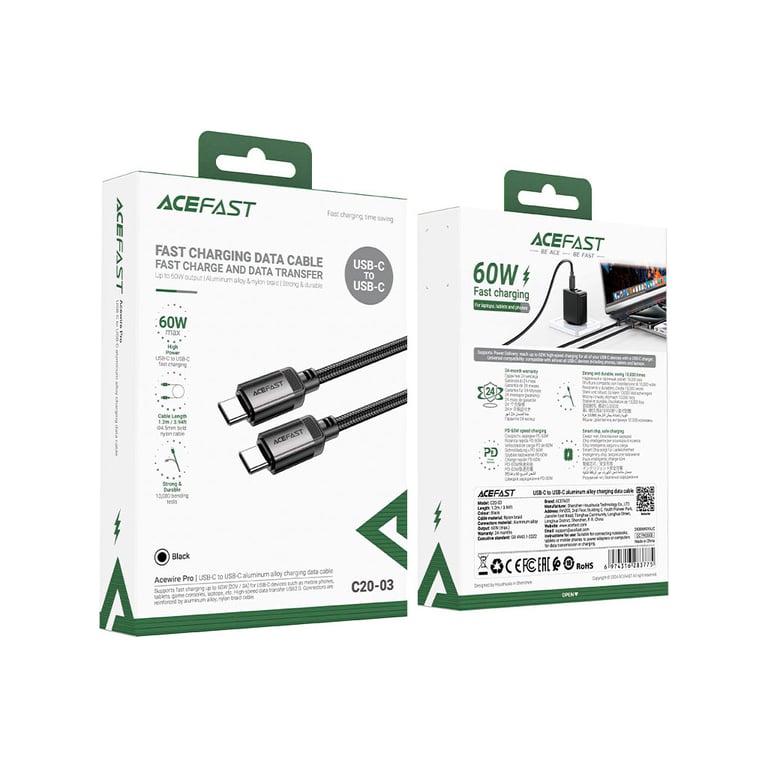 Дата кабель USB-C to USB-C 1.2m 3A aluminum alloy C20-03 Black Acefast (6974316283775) - фото 5