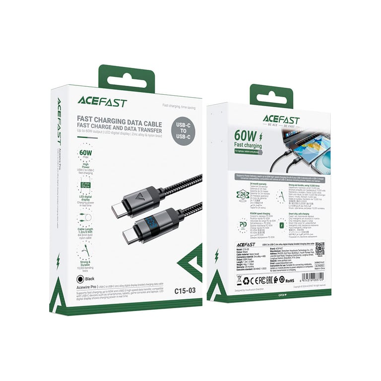 Дата кабель USB-C to USB-C 1.2m 60W digital display C15-03 Black Acefast (6974316283720) - фото 5