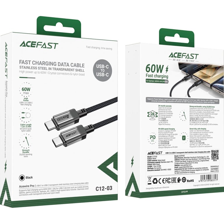 Дата кабель USB-C to USB-C 1.2m 60W stainless steel C12-03 Black Acefast (6974316283317) - фото 5