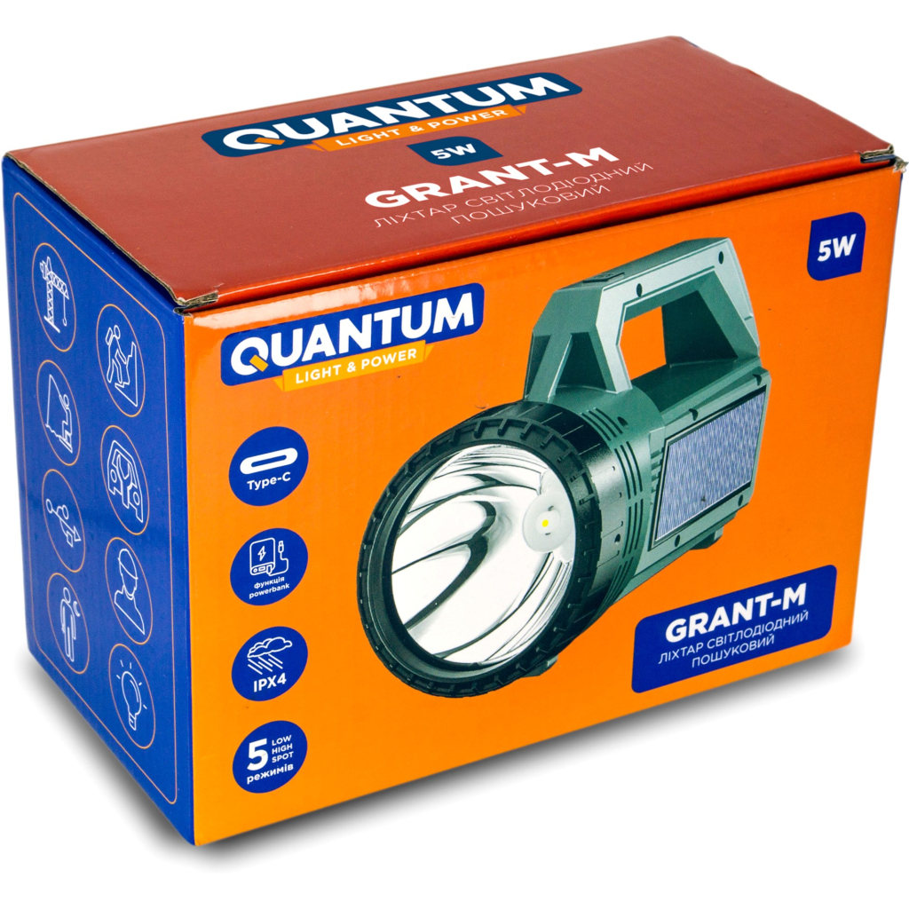 Ліхтар Quantum QM-FL1052 GRANT-M 5W LED Type-C/Solar/Power Bank (QM-FL1052) - фото 4 Ліхтар Quantum QM-FL1052 GRANT-M 5W LED Type-C/Solar/Power Bank (QM-FL1052) - фото 4