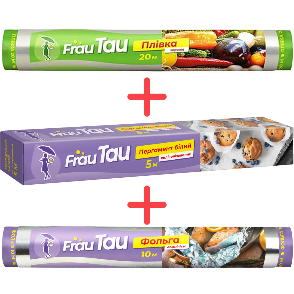 Набір побутової хімії Frau Tau Пергамент для випікання Білий 5 м + Плівка харчова 20 м + Фольга алюмінієва 10 м (4820115386488) Набір побутової хімії Frau Tau Пергамент для випікання Білий 5 м + Плівка харчова 20 м + Фольга алюмінієва 10 м (4820115386488)