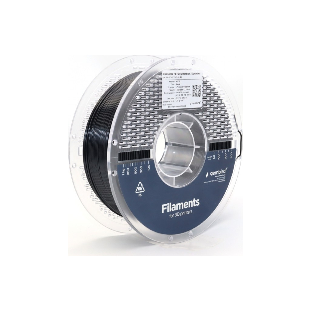 Пластик для 3D-принтера Gembird PETG High Speed, 1.75 мм, 1 кг, black (3DP-PETG1.75HY-01-BK)