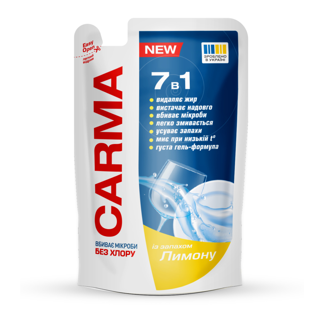 Засіб для ручного миття посуду Carma Лимон Дой-пак 400 мл (4820204702212) - фото 1 Засіб для ручного миття посуду Carma Лимон Дой-пак 400 мл (4820204702212) - фото 1