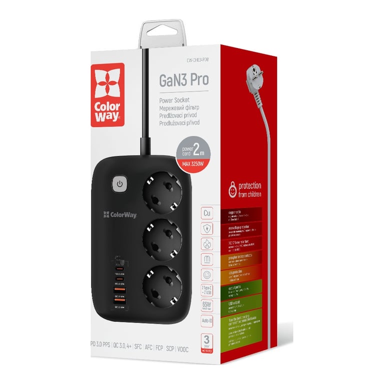 Мережевий фільтр живлення ColorWay CW-CHE34PDB 3 роз/4USB GaN3 Pro (CW-CHE34PDB) - фото 8