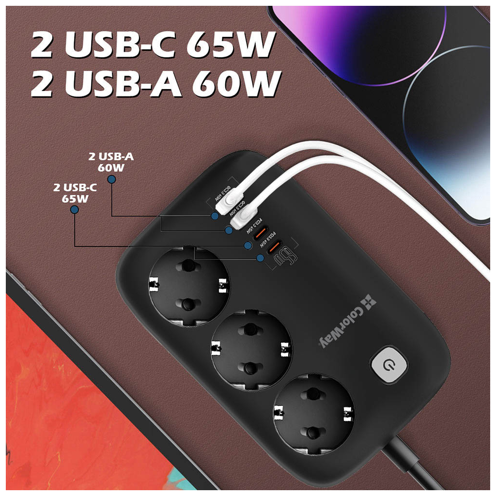 Мережевий фільтр живлення ColorWay CW-CHE34PDB 3 роз/4USB GaN3 Pro (CW-CHE34PDB) - фото 9 Мережевий фільтр живлення ColorWay CW-CHE34PDB 3 роз/4USB GaN3 Pro (CW-CHE34PDB) - фото 9