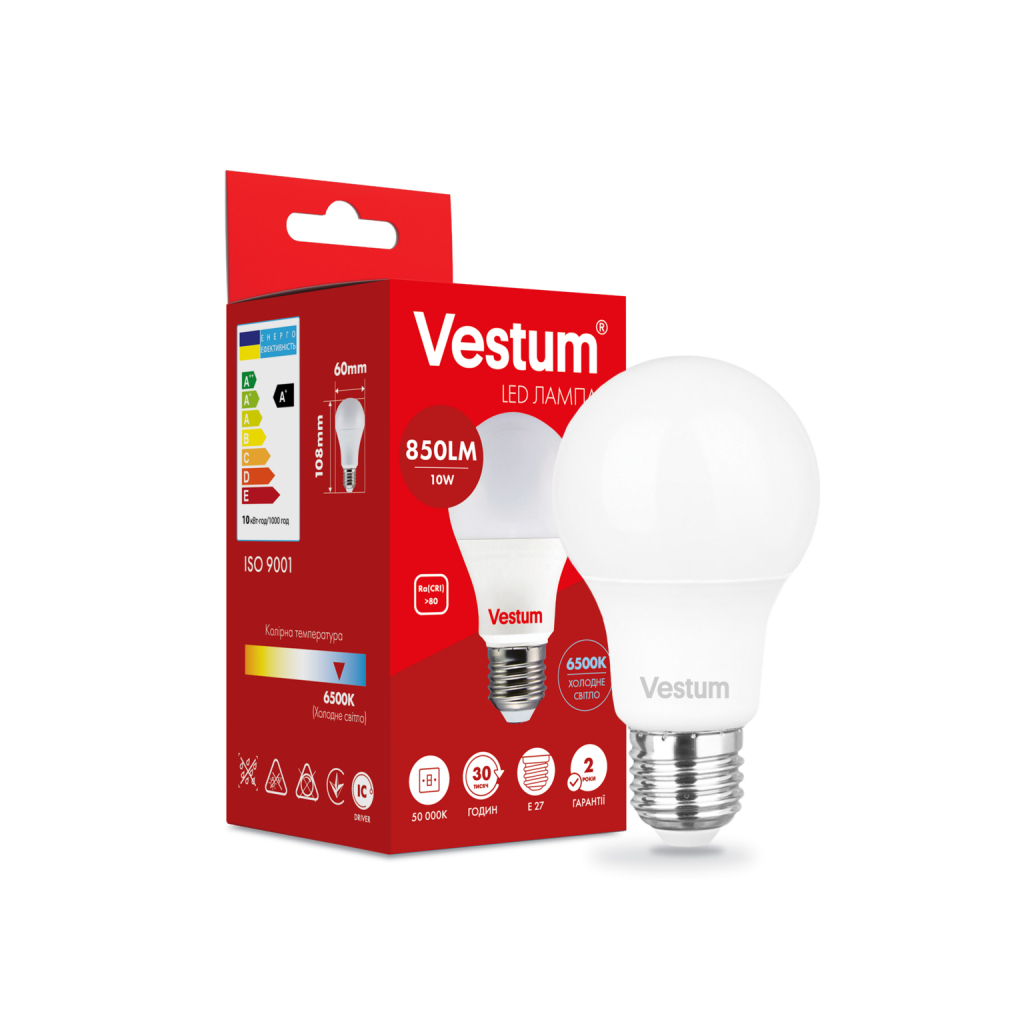 Лампочка Vestum LED A60 10W 6500K 220V E27 (1-VS-1114) - фото 1 Лампочка Vestum LED A60 10W 6500K 220V E27 (1-VS-1114) - фото 1