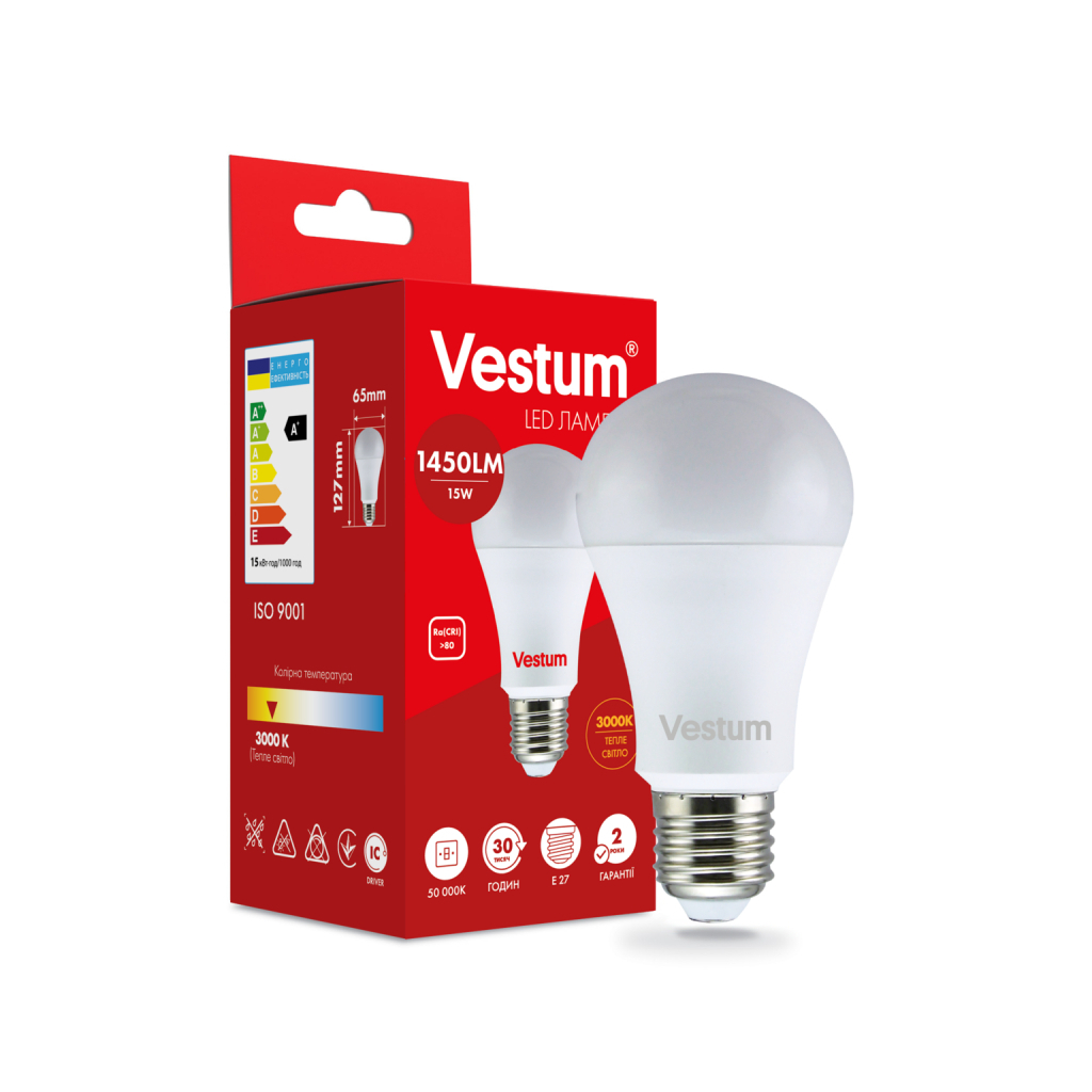 Лампочка Vestum LED A65 15W 3000K 220V E27 (1-VS-1102) - фото 1