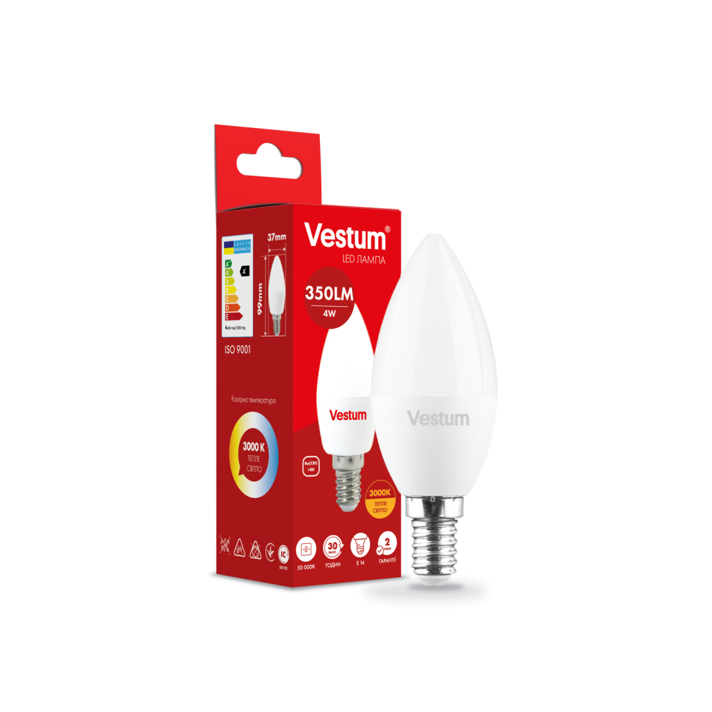 Лампочка Vestum LED C37 4W 3000K 220V E14 (1-VS-1308) Лампочка Vestum LED C37 4W 3000K 220V E14 (1-VS-1308)