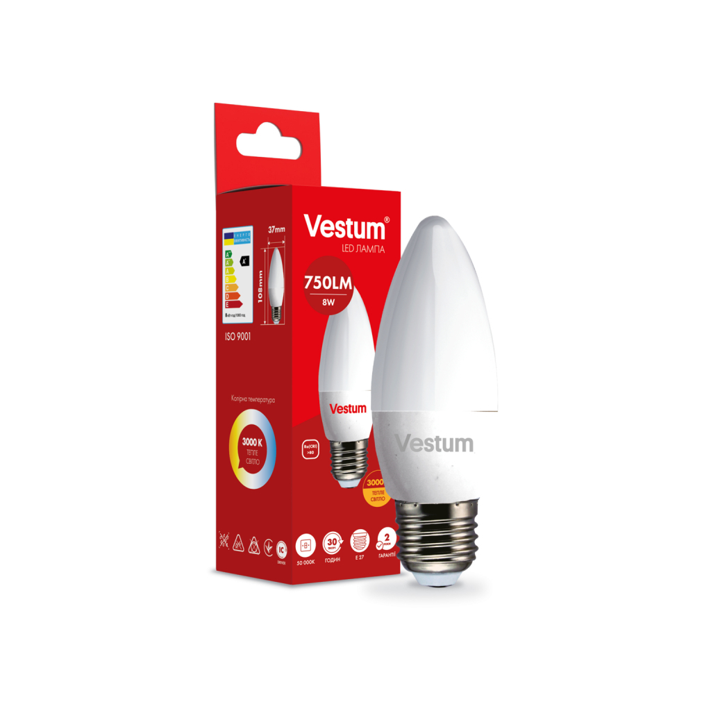 Лампочка Vestum LED C37 8W 3000K 220V E27 (1-VS-1310) Лампочка Vestum LED C37 8W 3000K 220V E27 (1-VS-1310)