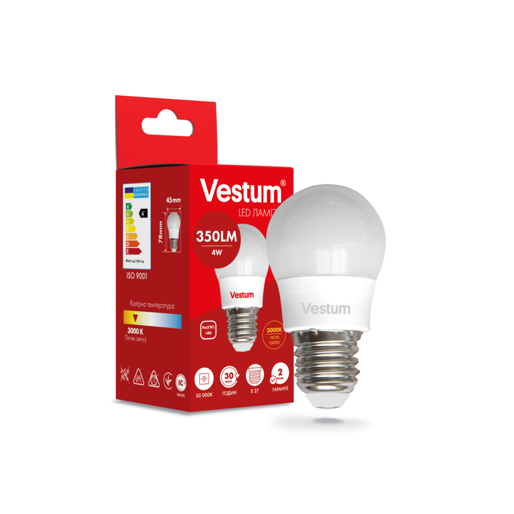 Лампочка Vestum LED G45 4W 3000K 220V E27 (1-VS-1206) - фото 2 Лампочка Vestum LED G45 4W 3000K 220V E27 (1-VS-1206) - фото 2