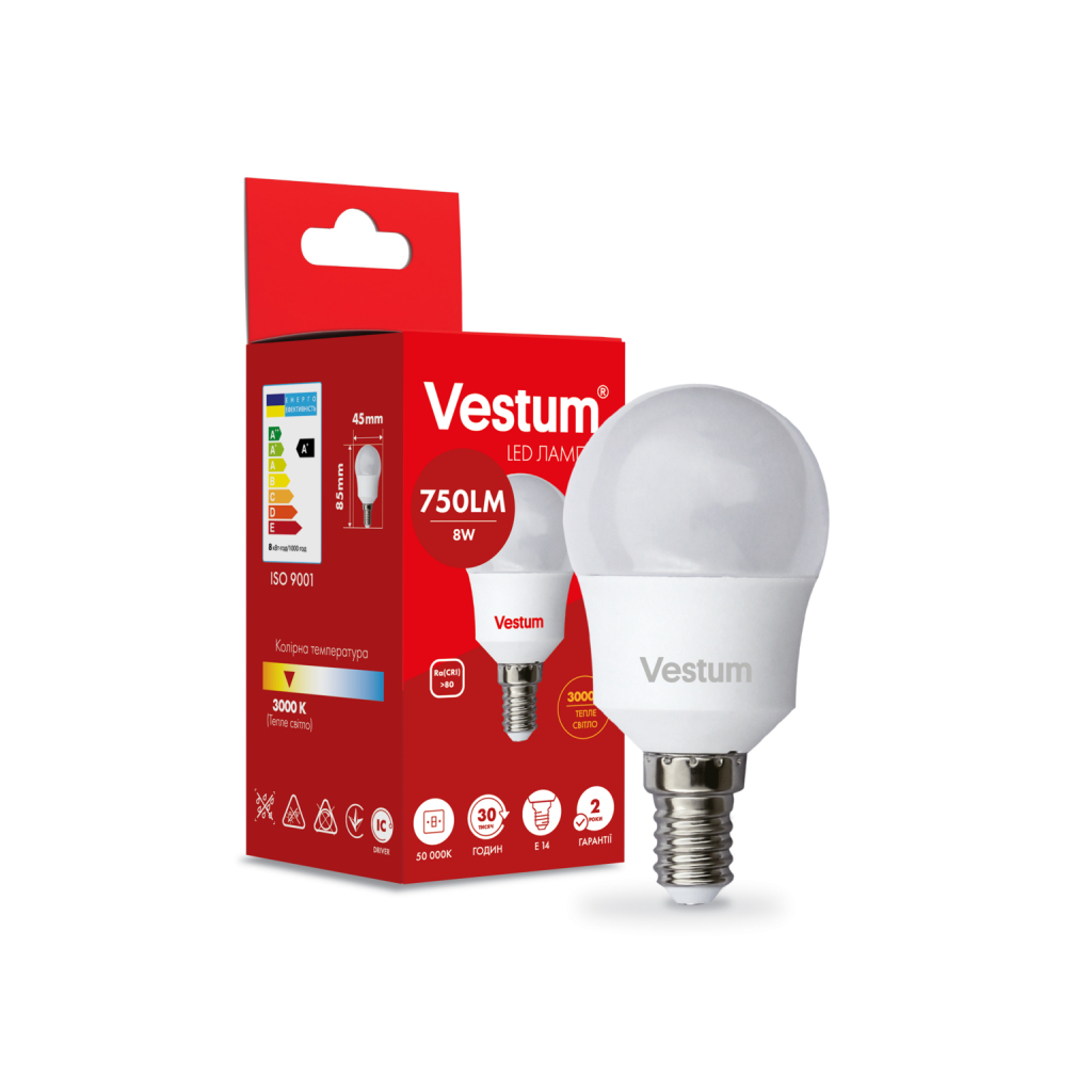 Лампочка Vestum LED G45 8W 3000K 220V E14 (1-VS-1212) - фото 2 Лампочка Vestum LED G45 8W 3000K 220V E14 (1-VS-1212) - фото 2