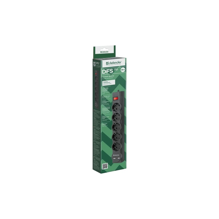 Мережевий фільтр живлення Defender DFS 751, 1.8m, 5роз., 2xUSB (99751) - фото 4
