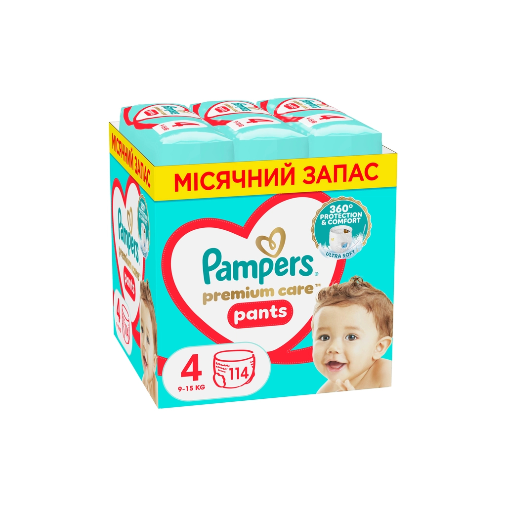 Підгузки Pampers Premium Care Pants Розмір 4 (9-15 кг) 114 шт (8700216829359) - фото 1 Підгузки Pampers Premium Care Pants Розмір 4 (9-15 кг) 114 шт (8700216829359) - фото 1