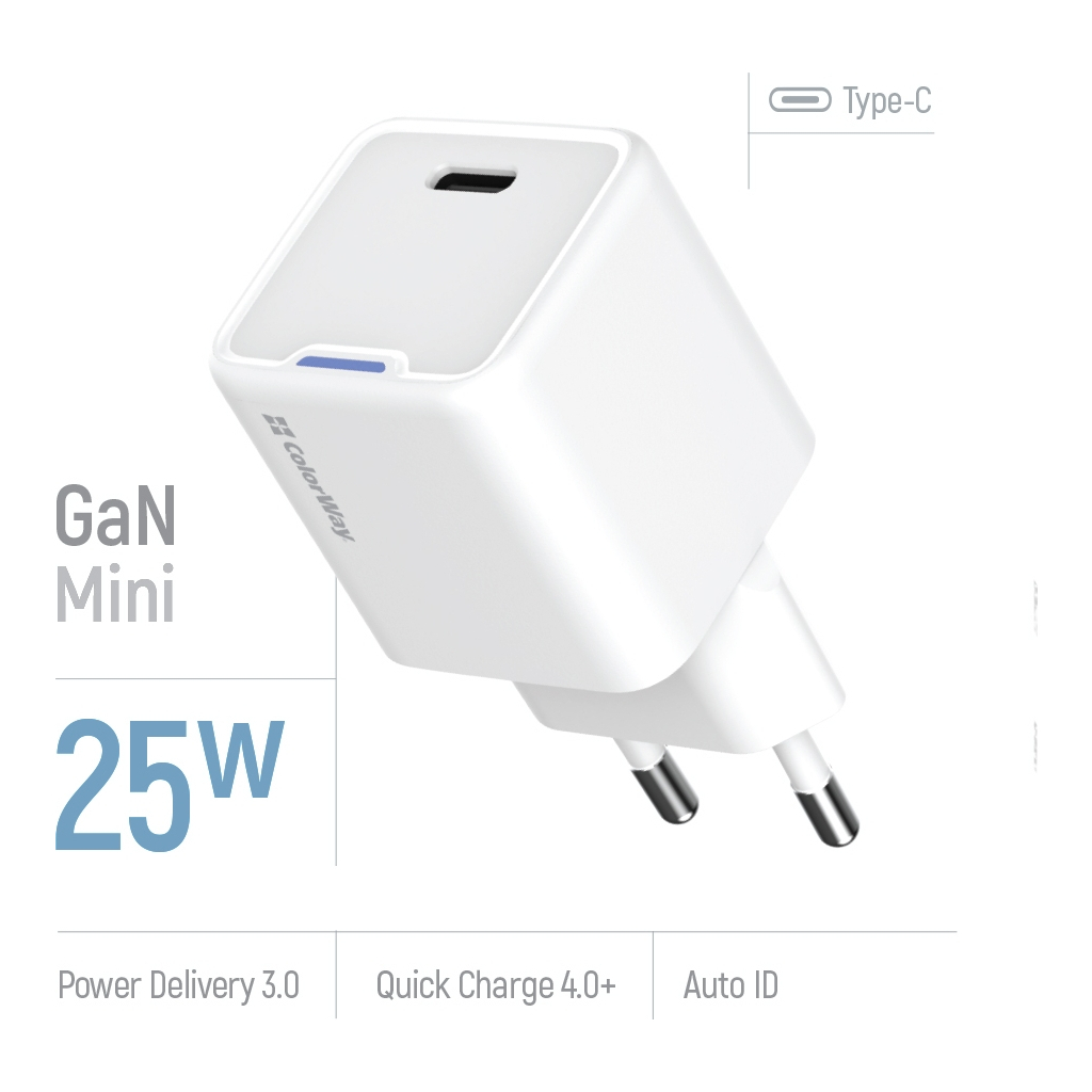 Зарядний пристрій ColorWay GaN Mini 25W PD Port PPS USB-C white (CW-CHS052PD-WT) - фото 7 Зарядний пристрій ColorWay GaN Mini 25W PD Port PPS USB-C white (CW-CHS052PD-WT) - фото 7