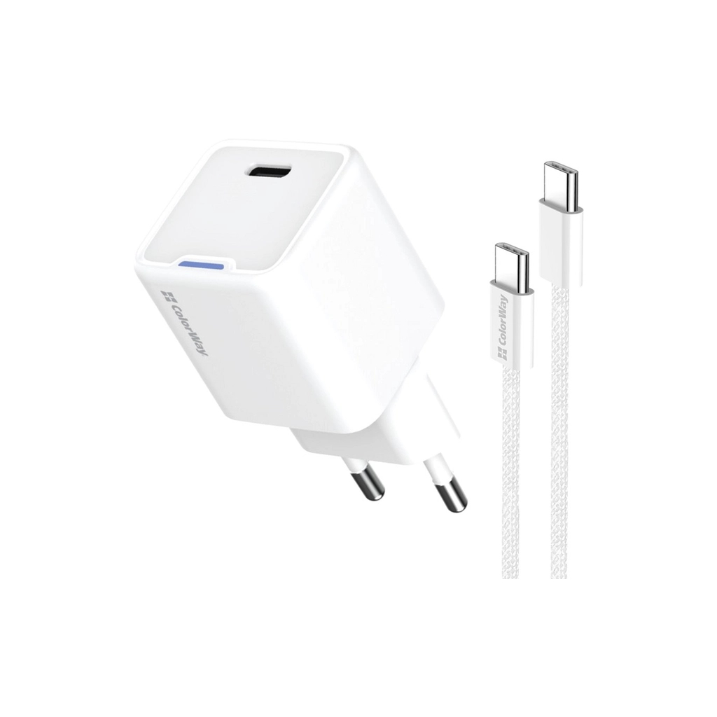 Зарядний пристрій ColorWay GaN Mini 25W PD Port PPS USB-C white cable Type-C (CW-CHS052PDC-WT) - фото 1 Зарядний пристрій ColorWay GaN Mini 25W PD Port PPS USB-C white cable Type-C (CW-CHS052PDC-WT) - фото 1