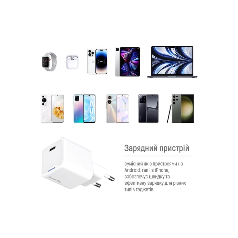 Зарядний пристрій ColorWay GaN Mini 25W PD Port PPS USB-C white cable Type-C (CW-CHS052PDC-WT) - фото 4