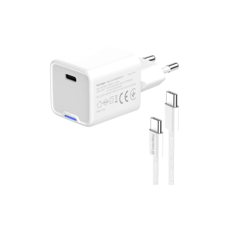 Зарядний пристрій ColorWay GaN Mini 25W PD Port PPS USB-C white cable Type-C (CW-CHS052PDC-WT) - фото 2
