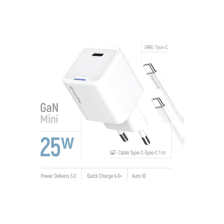 Зарядний пристрій ColorWay GaN Mini 25W PD Port PPS USB-C white cable Type-C (CW-CHS052PDC-WT) - фото 8