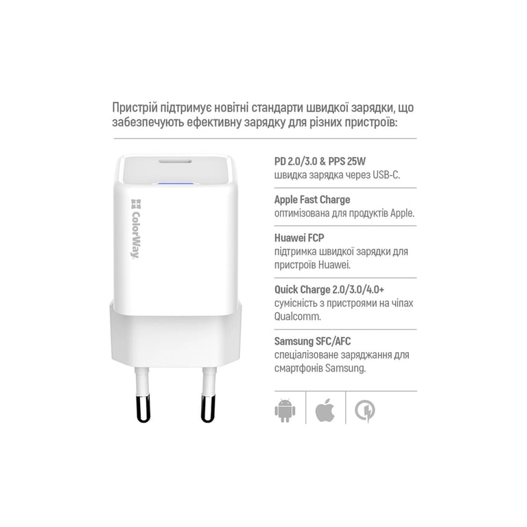 Зарядний пристрій ColorWay GaN Mini 25W PD Port PPS USB-C white cable Type-C (CW-CHS052PDC-WT) - фото 10