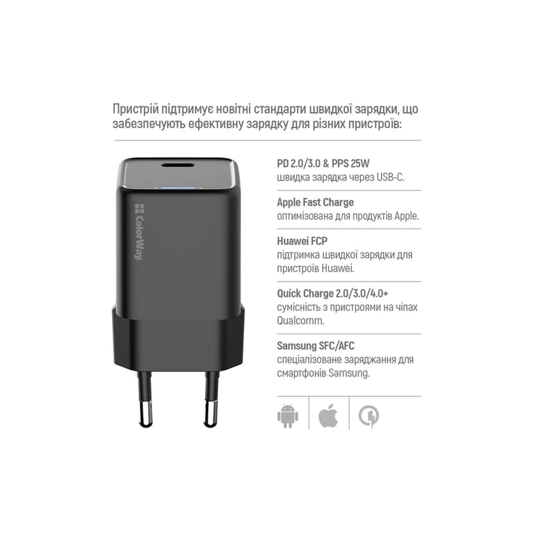 Зарядний пристрій ColorWay GaN Mini 25W PD Port PPS USB-C black (CW-CHS052PD-BK) - фото 9