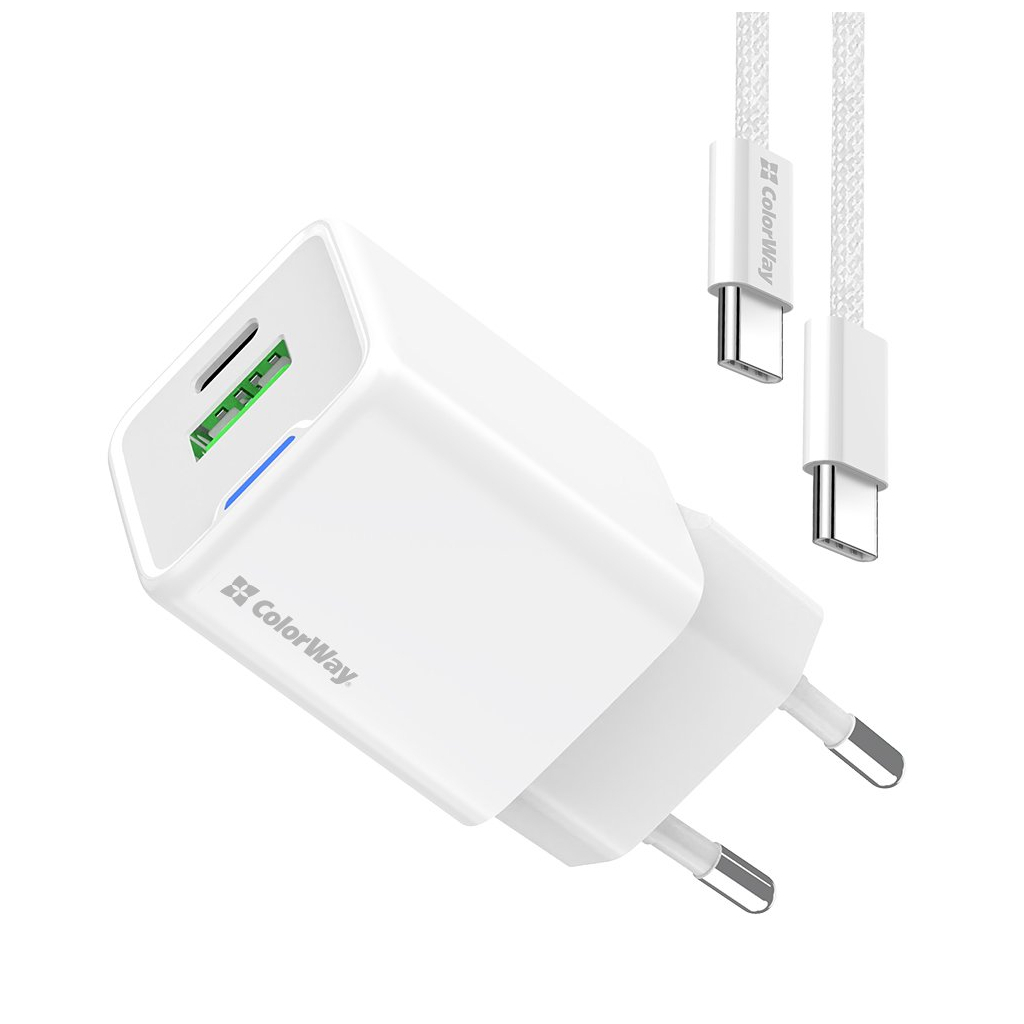 Зарядний пристрій ColorWay GaN Mini 30W PD Port PPS USB (Type-C PD + USB QC4.0) cable Type-C (CW-CHS053PDC-WT)