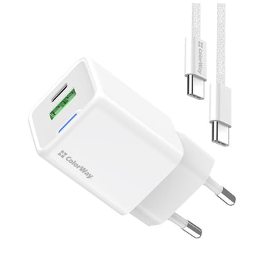 Зарядний пристрій ColorWay GaN Mini 30W PD Port PPS USB (Type-C PD + USB QC4.0) cable Type-C (CW-CHS053PDC-WT)