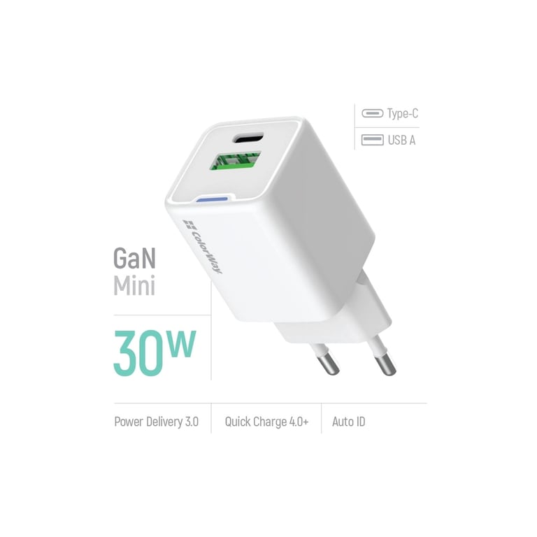 Зарядний пристрій ColorWay GaN Mini 30W PD Port PPS USB (Type-C PD + USB QC4.0) white (CW-CHS053PD-WT) - фото 8