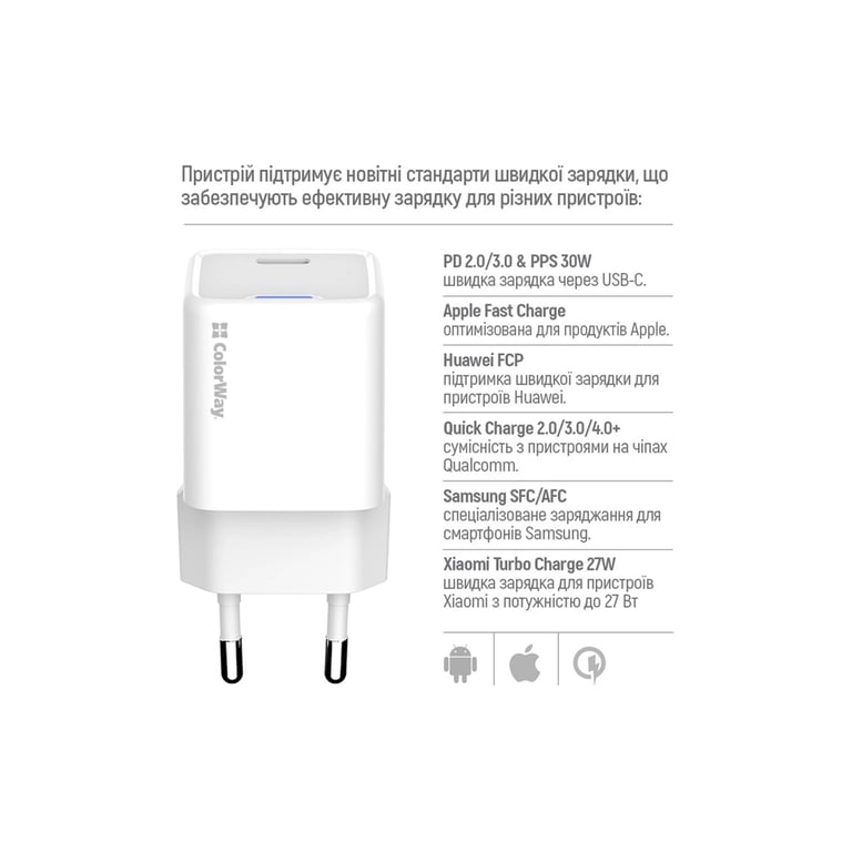 Зарядний пристрій ColorWay GaN Mini 30W PD Port PPS USB-C white (CW-CHS054PD-WT) - фото 9