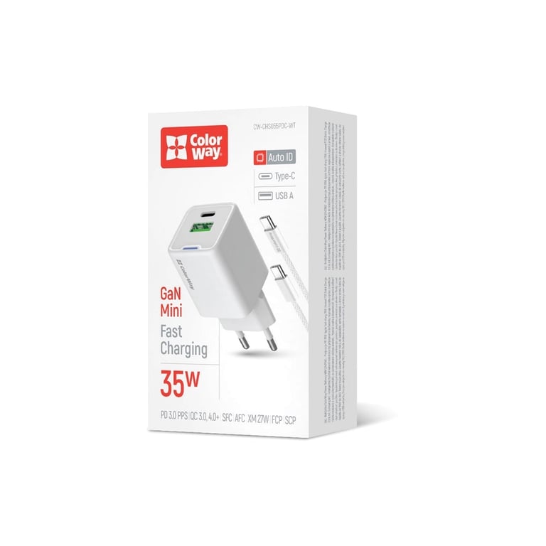 Зарядний пристрій ColorWay GaN Mini 35W PD Port PPS USB (Type-C PD + USB QC4.0) cable Type-C (CW-CHS055PDC-WT) - фото 7
