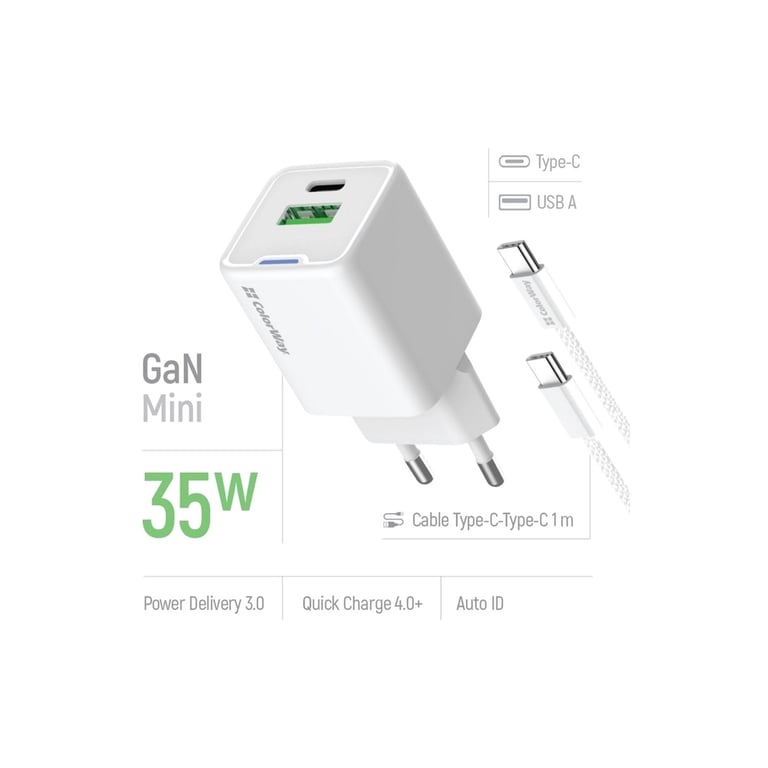 Зарядний пристрій ColorWay GaN Mini 35W PD Port PPS USB (Type-C PD + USB QC4.0) cable Type-C (CW-CHS055PDC-WT) - фото 8
