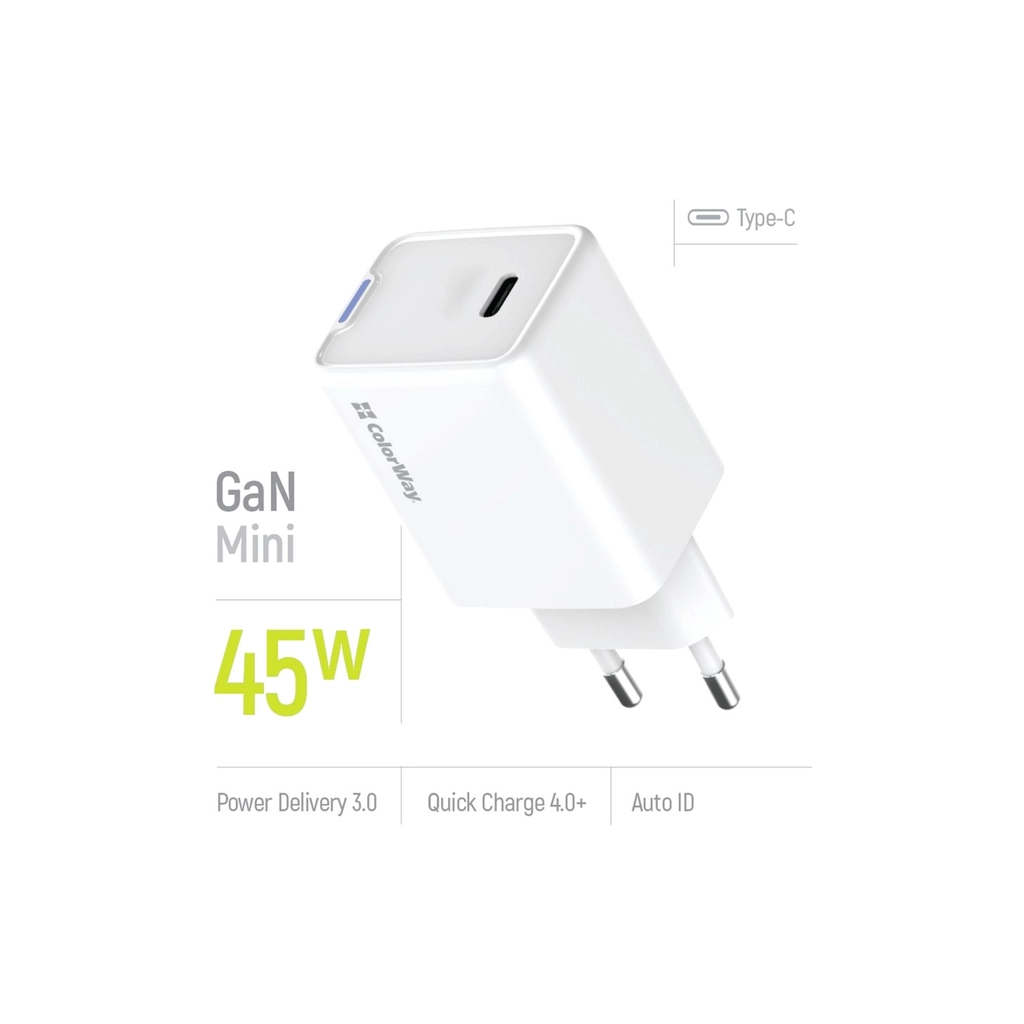 Зарядний пристрій ColorWay GaN Mini 45W PD Port PPS USB-C white (CW-CHS057PD-WT) - фото 8 Зарядний пристрій ColorWay GaN Mini 45W PD Port PPS USB-C white (CW-CHS057PD-WT) - фото 8