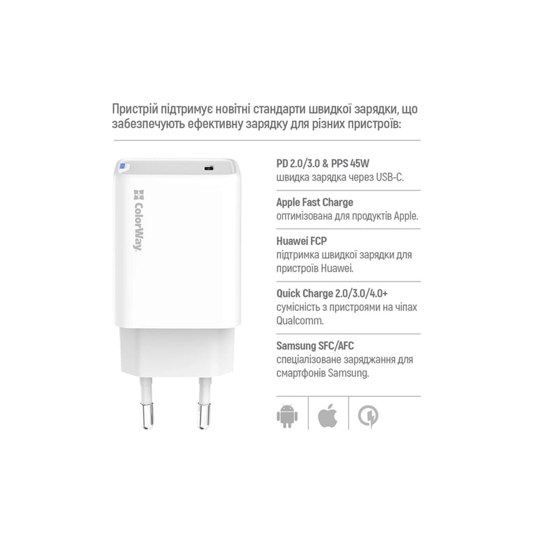 Зарядний пристрій ColorWay GaN Mini 45W PD Port PPS USB-C white (CW-CHS057PD-WT) - фото 10