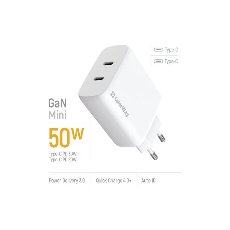 Зарядний пристрій ColorWay GaN Mini 50W PD Port PPS USB (Type-C PD 30W + Type-C PD 20W) white (CW-CHS050PD-WT) - фото 8
