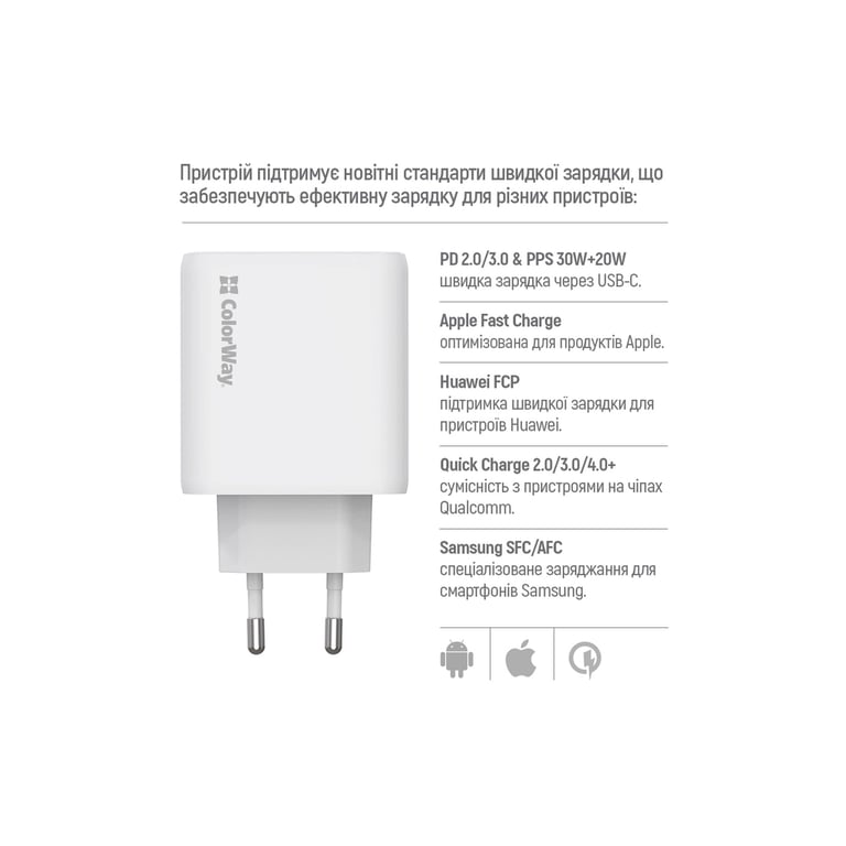Зарядний пристрій ColorWay GaN Mini 50W PD Port PPS USB (Type-C PD 30W + Type-C PD 20W) white (CW-CHS050PD-WT) - фото 10