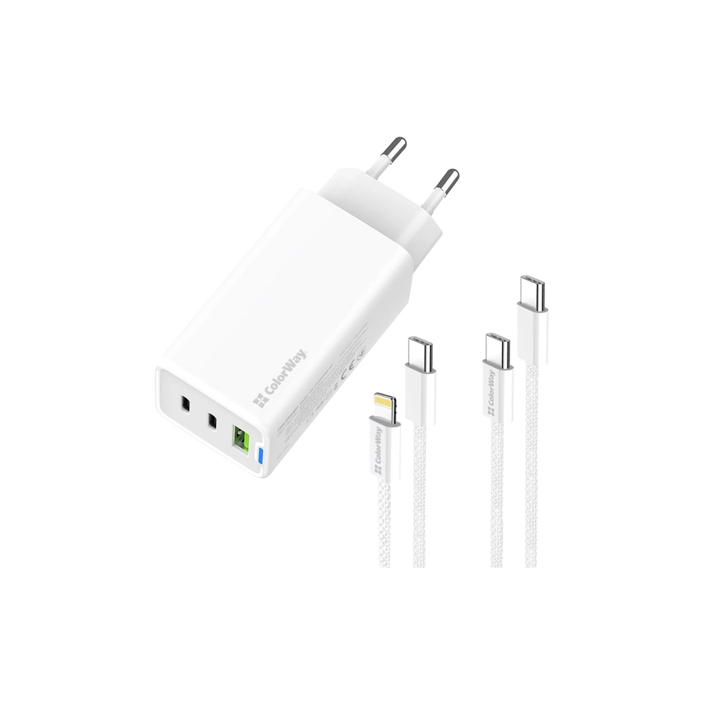 Зарядний пристрій ColorWay GaN Mini 65W PD Port PPS USB (USB-2C1A) cable Type-C&Lightning (CW-CHS058PDCL-WT) - фото 1