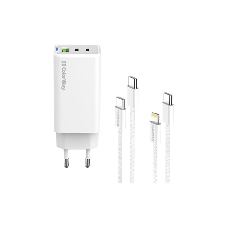 Зарядний пристрій ColorWay GaN Mini 65W PD Port PPS USB (USB-2C1A) cable Type-C&Lightning (CW-CHS058PDCL-WT) - фото 2