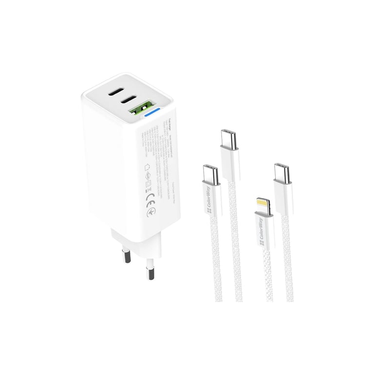 Зарядний пристрій ColorWay GaN Mini 65W PD Port PPS USB (USB-2C1A) cable Type-C&Lightning (CW-CHS058PDCL-WT) - фото 3