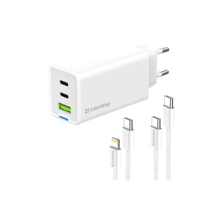 Зарядний пристрій ColorWay GaN Mini 65W PD Port PPS USB (USB-2C1A) cable Type-C&Lightning (CW-CHS058PDCL-WT) - фото 5