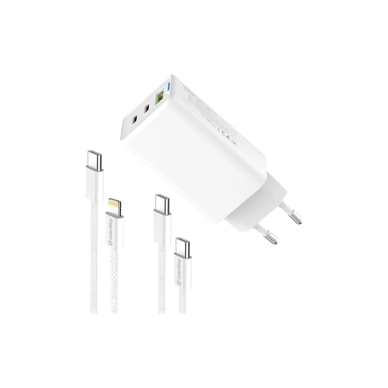 Зарядний пристрій ColorWay GaN Mini 65W PD Port PPS USB (USB-2C1A) cable Type-C&Lightning (CW-CHS058PDCL-WT) - фото 6