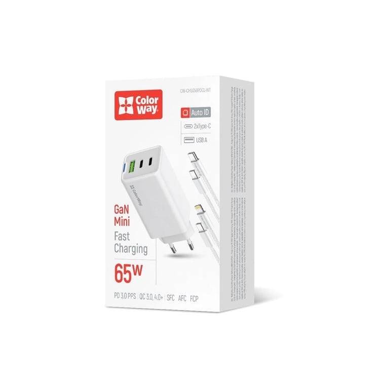 Зарядний пристрій ColorWay GaN Mini 65W PD Port PPS USB (USB-2C1A) cable Type-C&Lightning (CW-CHS058PDCL-WT) - фото 7