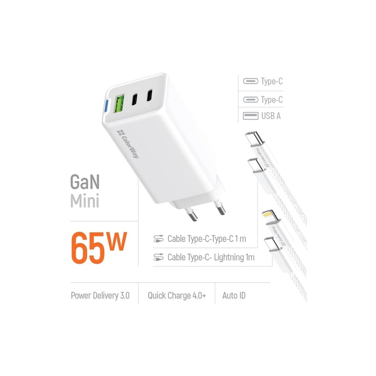 Зарядний пристрій ColorWay GaN Mini 65W PD Port PPS USB (USB-2C1A) cable Type-C&Lightning (CW-CHS058PDCL-WT) - фото 8