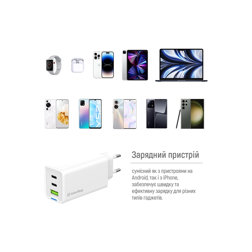 Зарядний пристрій ColorWay GaN Mini 65W PD Port PPS USB (USB-2C1A) white (CW-CHS058PD-WT) - фото 4 Зарядний пристрій ColorWay GaN Mini 65W PD Port PPS USB (USB-2C1A) white (CW-CHS058PD-WT) - фото 4