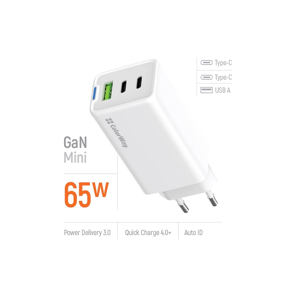 Зарядний пристрій ColorWay GaN Mini 65W PD Port PPS USB (USB-2C1A) white (CW-CHS058PD-WT) - фото 8 Зарядний пристрій ColorWay GaN Mini 65W PD Port PPS USB (USB-2C1A) white (CW-CHS058PD-WT) - фото 8
