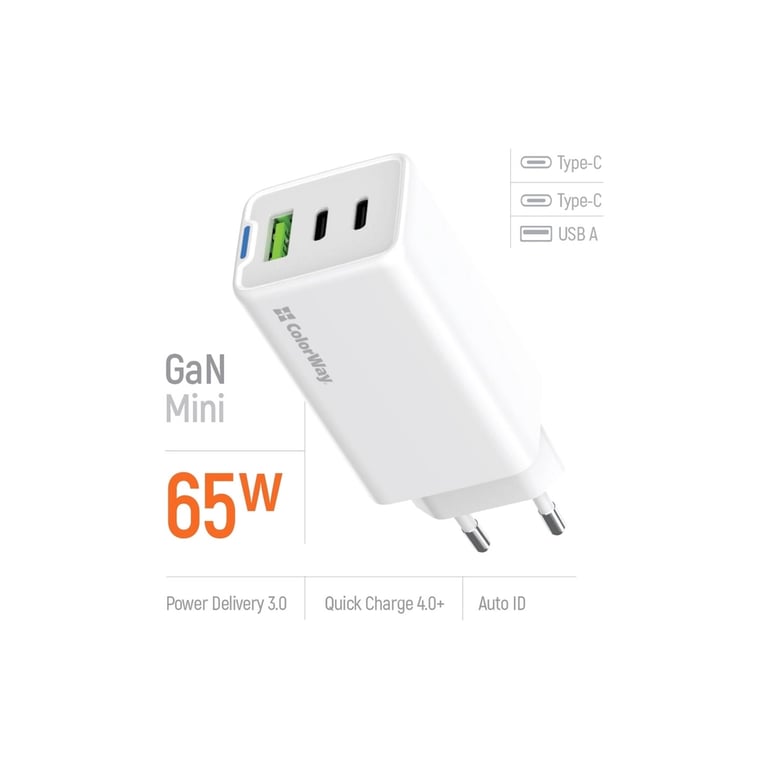 Зарядний пристрій ColorWay GaN Mini 65W PD Port PPS USB (USB-2C1A) white (CW-CHS058PD-WT) - фото 8
