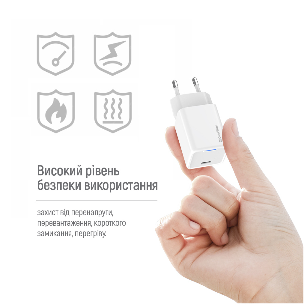 Зарядний пристрій ColorWay GaN Mini 65W PD Port PPS USB-C white (CW-CHS049PD-WT) - фото 4 Зарядний пристрій ColorWay GaN Mini 65W PD Port PPS USB-C white (CW-CHS049PD-WT) - фото 4